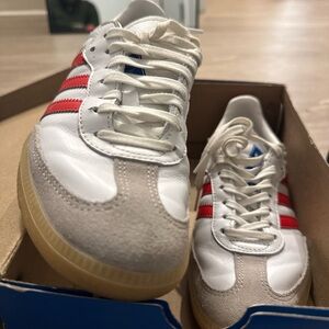 Adidas Men's White and Red Sneakers with Beige Sole